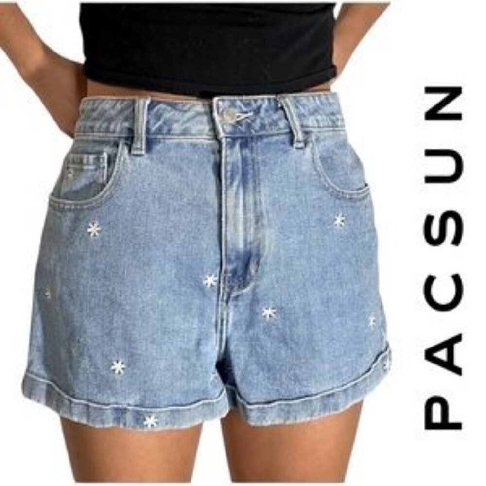 PACSUN Daisy Floral Embroidered High Waisted Cuff Mom Shorts
